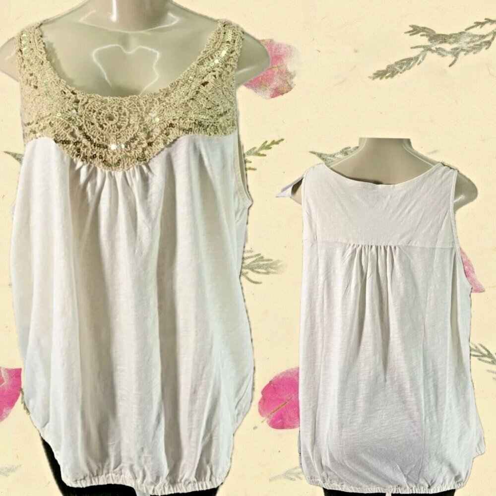 Lane Bryant Plus 1X Eggshell Scoop Tan Crochet Neck Elastic Hem Sleeveless Top